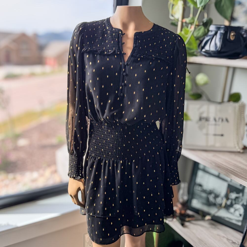 White House Black Market, Smocked Blouson Black/Gold Long Sleeve Mini Dress, XS